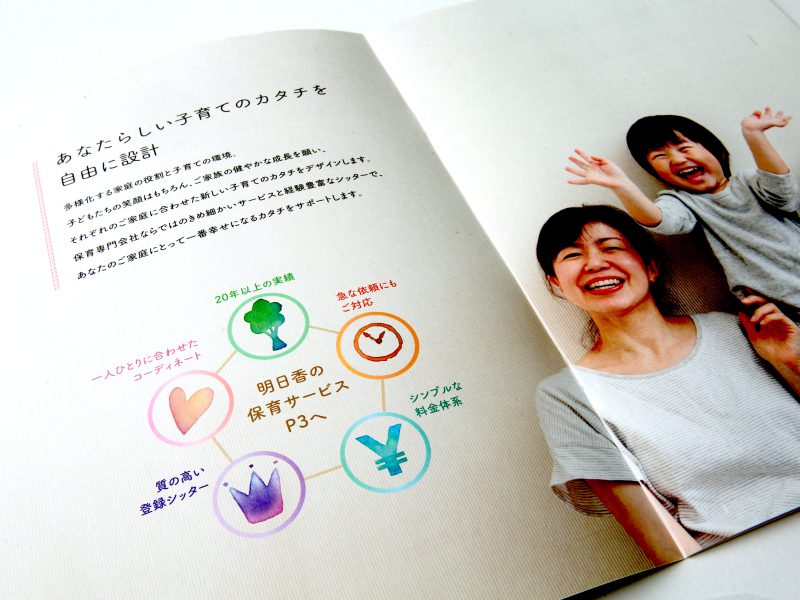 保育サービス企業・サービス紹介パンフレット・見開きページデザイン