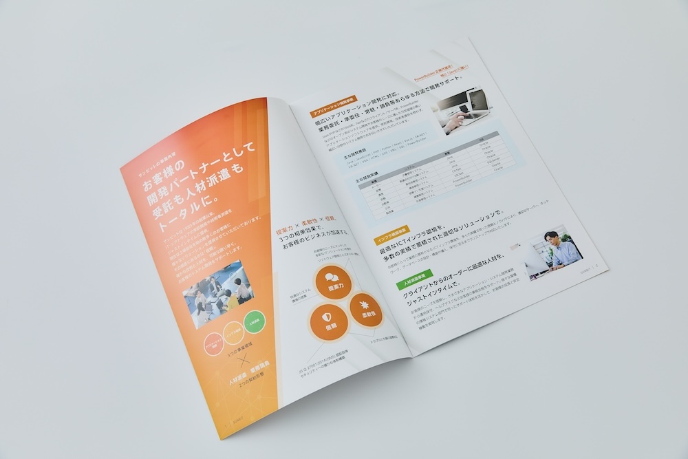 採用パンフレットを兼ねた会社案内見本：見開きページ