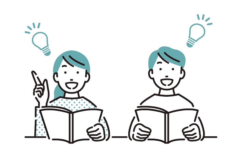 会社案内パンフレットを読む人のイラスト